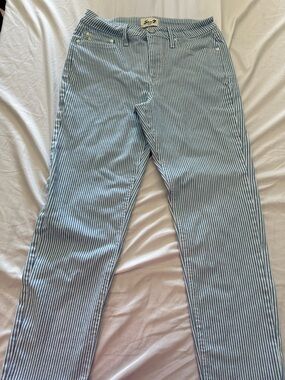 7 For All Mankind Blue and White Pinstripe Straight Leg Pants